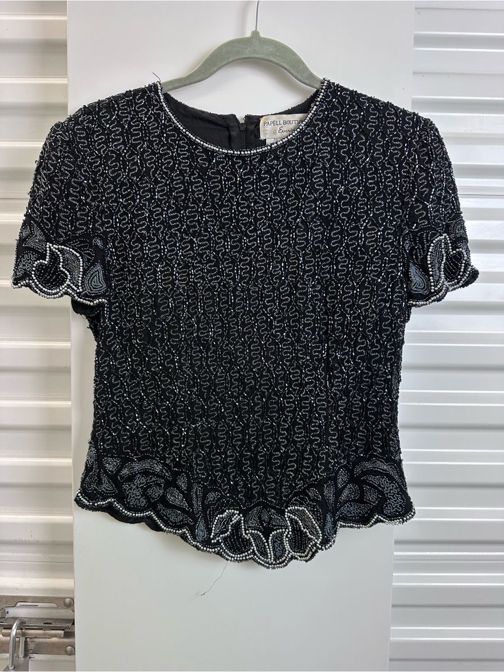 Papell Boutique Black Beaded Short Sleeve Embellished Top